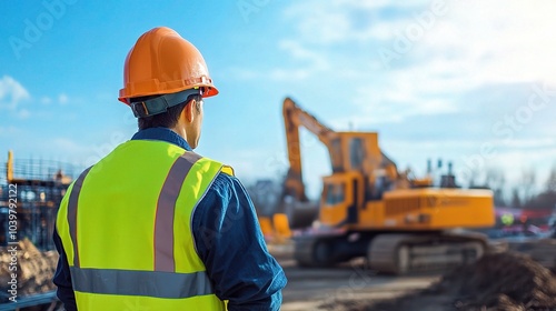 Construction Worker Observing Heavy Equipment Operation