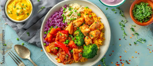 Stir-fried chicken with multicolored rice, broccoli and carrots on vibrant plate