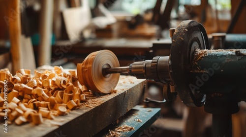 An elegantly set up woodworking and woodturning studio, Lathes and wooden creations in progress, Artisanal woodcraft style photo