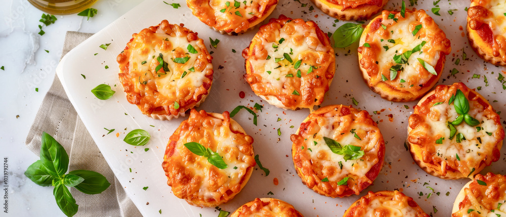Top view chickpea pizza bites, miniature pizzas packed with protein and flavor Top view chickpea pizza bites, miniature pizzas packed with protein and flavor