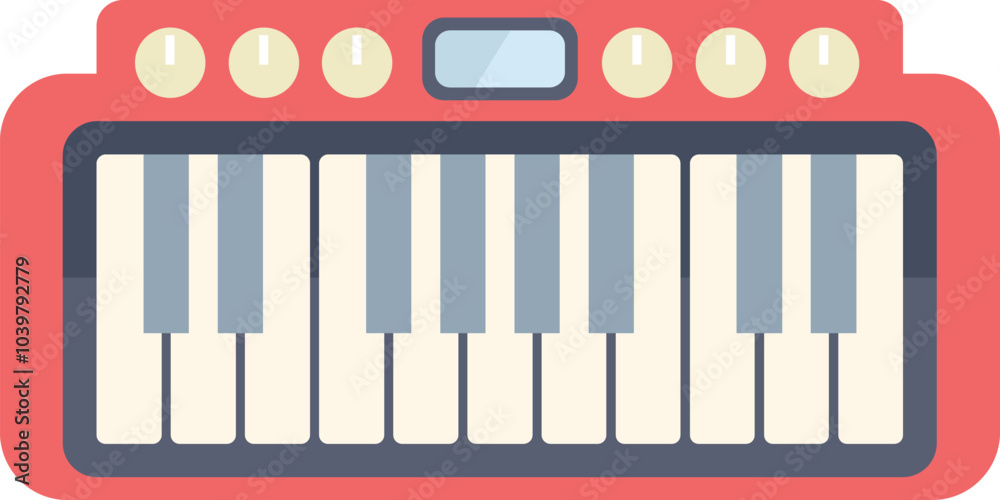 Red synthesizer creating electronic music with keyboard, music production concept Red synthesizer creating electronic music with keyboard, music production concept