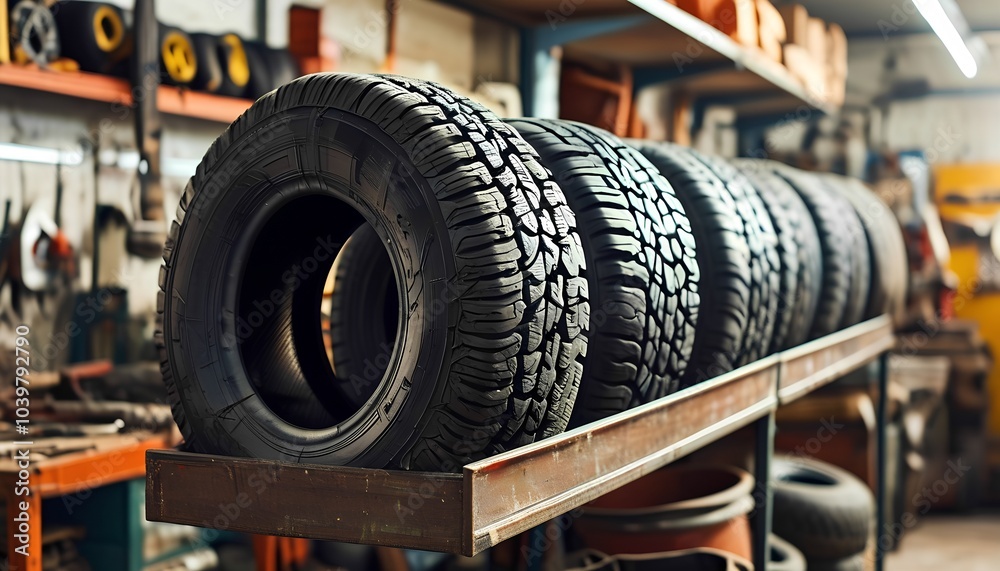 Set of winter tires in a garage, vehicle preparation for winter driving Set of winter tires in a garage, vehicle preparation for winter driving