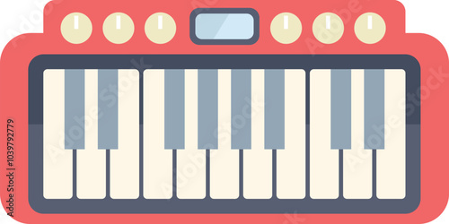 Red synthesizer creating electronic music with keyboard, music production concept