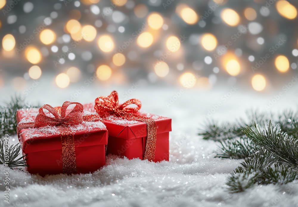 Christmas gift boxes placed on snow with blurry lights in the background. Christmas gift boxes placed on snow with blurry lights in the background.