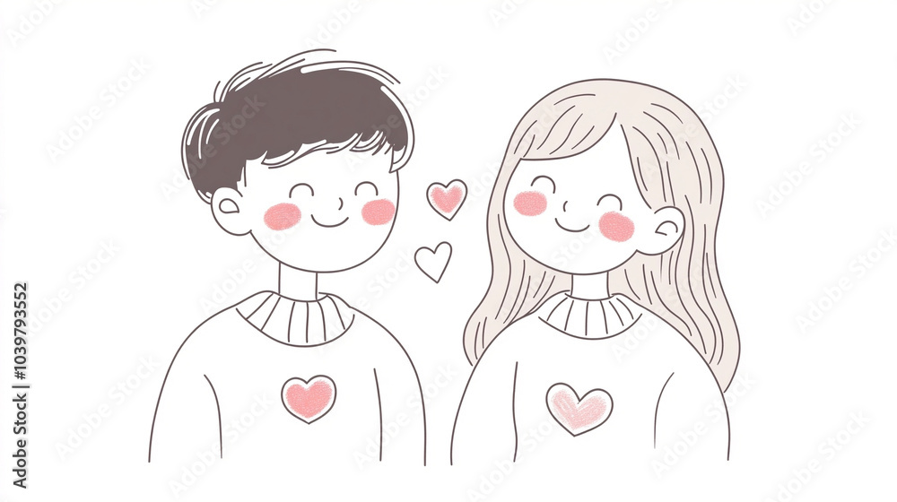 Valentine's Day theme: A minimalist illustration of a cute boy and girl with rosy cheeks and smiling faces, both wearing heart-patterned sweaters, with small hearts floating between them. Valentine's Day theme: A minimalist illustration of a cute boy and girl with rosy cheeks and smiling faces, both wearing heart-patterned sweaters, with small hearts floating between them.