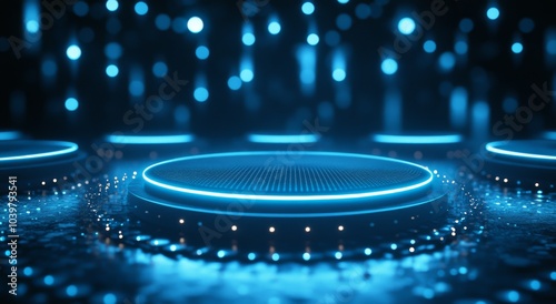 Neon 3D podium with blue backlight and bokeh effect. Background for sales week, black Friday or cyber Monday. World Shopping Day.