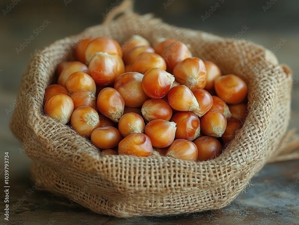 close-up of a handful of golden corn kernels, showcasing their texture and natural beauty against a rustic background. emphasizes agriculture and the bounty of nature