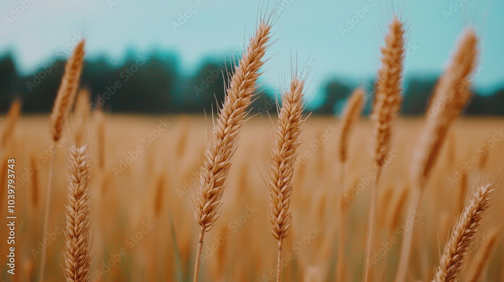 Fototapeta premium Golden wheat field under a clear blue sky, lush natural scenery.