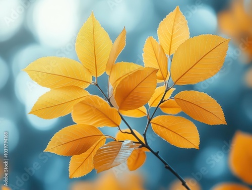 close-up of vivid yellow leaves against a softly blurred white and blue autumn background. the composition captures the essence of autumn, radiating warmth and change in nature's palette