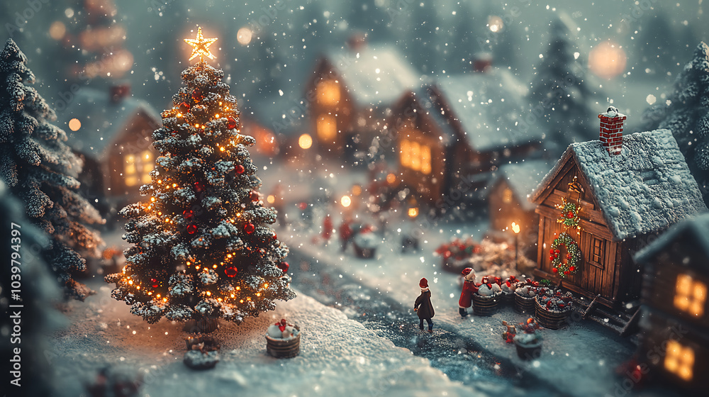 Fototapeta premium christmas, season, miniature, snowy country, christmas tree, christmas decoration, village, gift, greeting, candle, design, art, soft light, holy night, celebration, new year, winter, snow, xmas