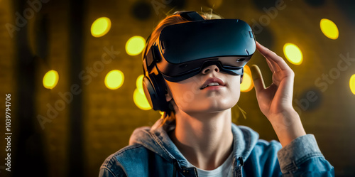 A young woman wearing a VR headset plays , showcasing the immersive experience of virtual reality.