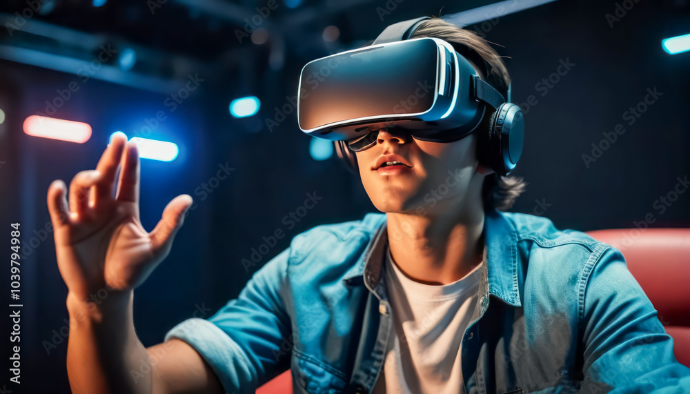 A young men wearing a VR headset plays A young men wearing a VR headset plays