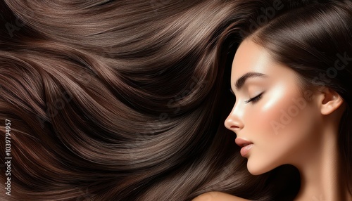 Elegant woman with flowing brown hair lying serenely on an artistic background