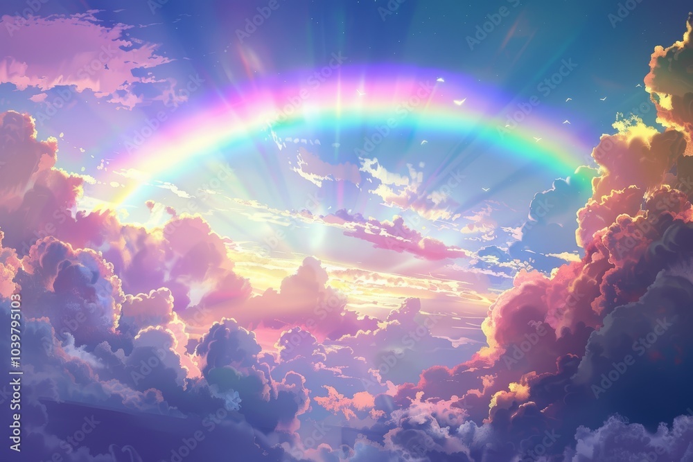 Rainbow Over A Sea Of Clouds. Anime Illustration Style. Rainbow Over A Sea Of Clouds. Anime Illustration Style.