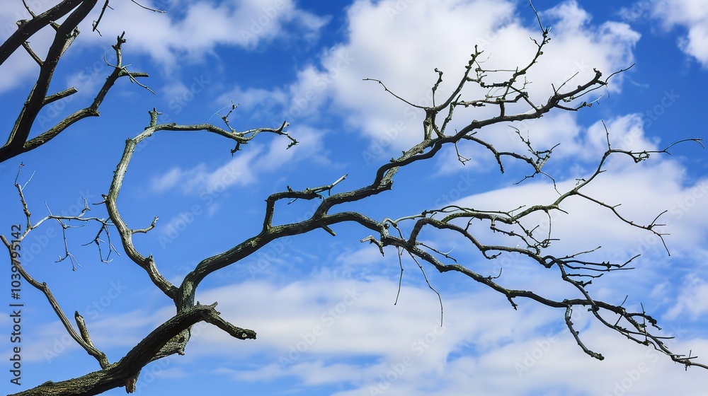 Dry tree branches with blue sky - a serene and natural sight. This image showcases dry tree branches against a beautiful blue sky, creating a sense of tranquility and simplicity Dry tree branches with blue sky - a serene and natural sight. This image showcases dry tree branches against a beautiful blue sky, creating a sense of tranquility and simplicity