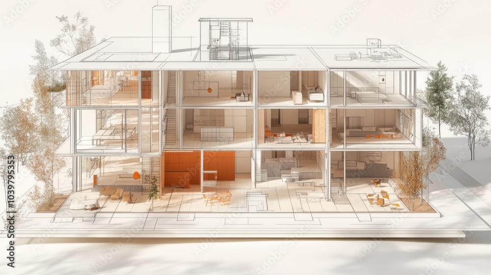 Architectural rendering of a modern, multi-level house design. Architectural rendering of a modern, multi-level house design.