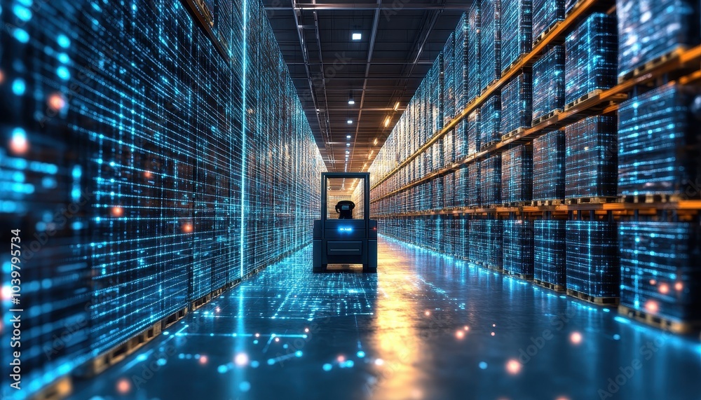 Robotic cart navigating a high-tech warehouse with glowing digital data lines Robotic cart navigating a high-tech warehouse with glowing digital data lines