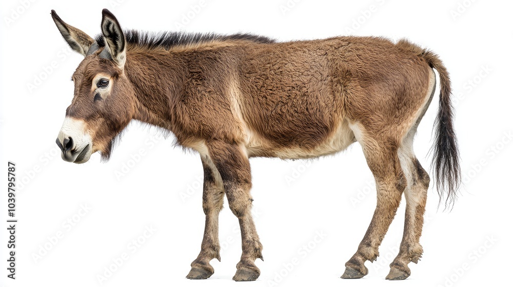 Fototapeta premium A brown donkey stands on a white background.