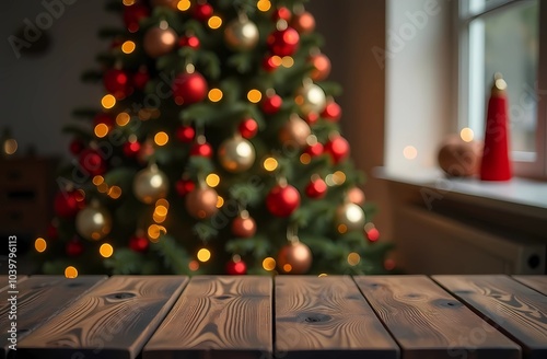 Wooden table for product presentation, against a background of Christmas decorations