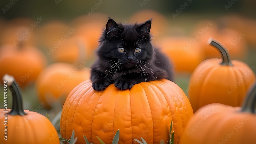 A fluffy black kitten sits on a large orange pumpkin A fluffy black kitten sits on a large orange pumpkin