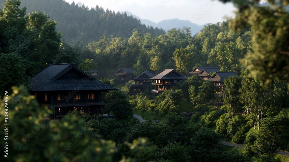 A serene village nestled in a lush green valley, surrounded by mountains and dense foliage. A serene village nestled in a lush green valley, surrounded by mountains and dense foliage.