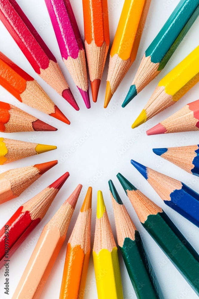 A colorful array of pencils arranged in a perfect circle on a white background, with each pencil's tip pointing toward the center. A colorful array of pencils arranged in a perfect circle on a white background, with each pencil's tip pointing toward the center.