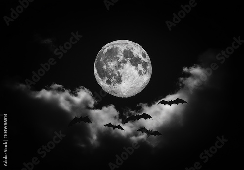 Full Moon and Bats, Halloween-themed illustration in black and white pixel art style.