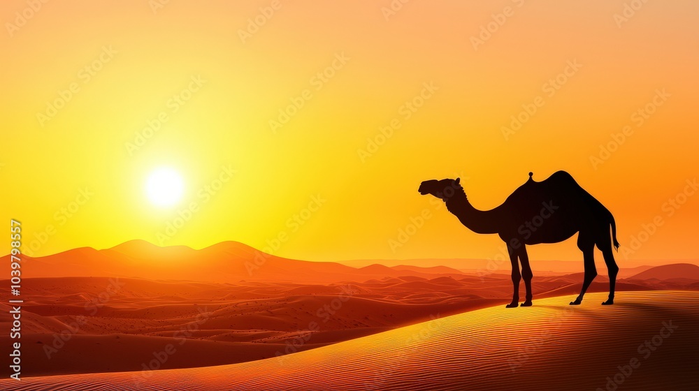 Camel silhouette against a vibrant sunset in the desert.