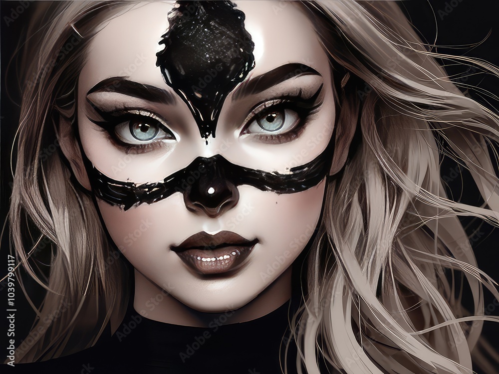 Obraz premium portrait of a girl, Comics style pop art artwork with blonde model black and white portrait, deep red lips,portrait of a girl with a mask,portrait of a girl with a cat
