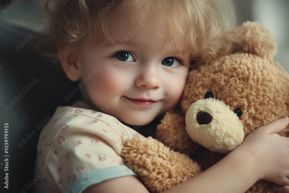 A cute five-year-old girl or toddler with a plush teddy bear leans against the back of a sofa. The light background A cute five-year-old girl or toddler with a plush teddy bear leans against the back of a sofa. The light background