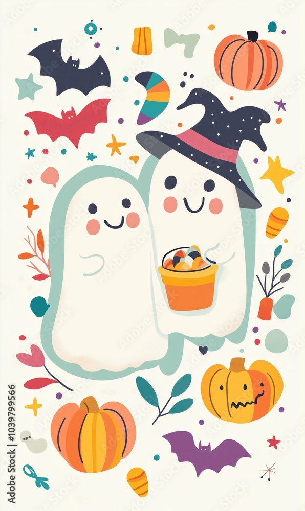 Fototapeta premium Two happy ghosts trick or treating with pumpkins and bats