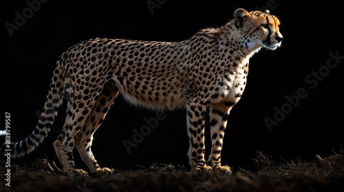 A cheetah stands in profile against a dark background, its fur highlighted by the sun.