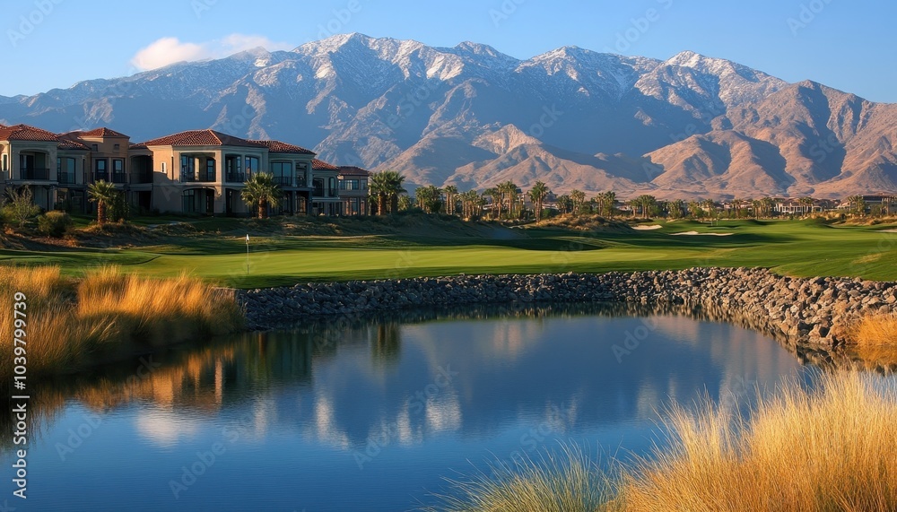 Fototapeta premium Scenic golf course with mountains and water reflections in the background
