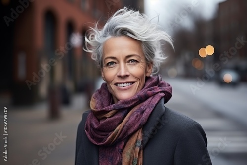 Portrait of a happy senior woman on a city street in winter