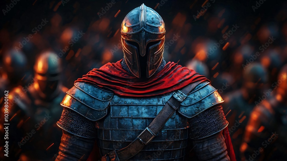A fearless knight stands prominently, wearing detailed armor and a vibrant red cape, amidst a blurred army in a dramatic backdrop. A fearless knight stands prominently, wearing detailed armor and a vibrant red cape, amidst a blurred army in a dramatic backdrop.