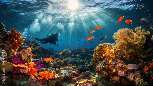 An exhilarating scuba diving expedition amidst vibrant coral reefs, Divers exploring underwater, Documentary style