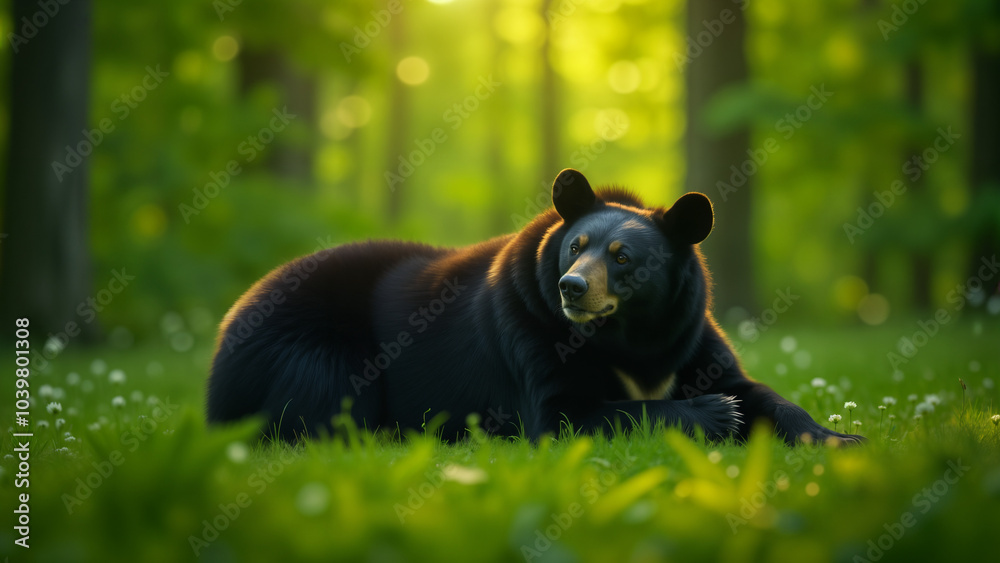 A Tranquil black Bear Resting Beneath a Lush Green Canopy in the Warm Sunlight of the Forest A Tranquil black Bear Resting Beneath a Lush Green Canopy in the Warm Sunlight of the Forest