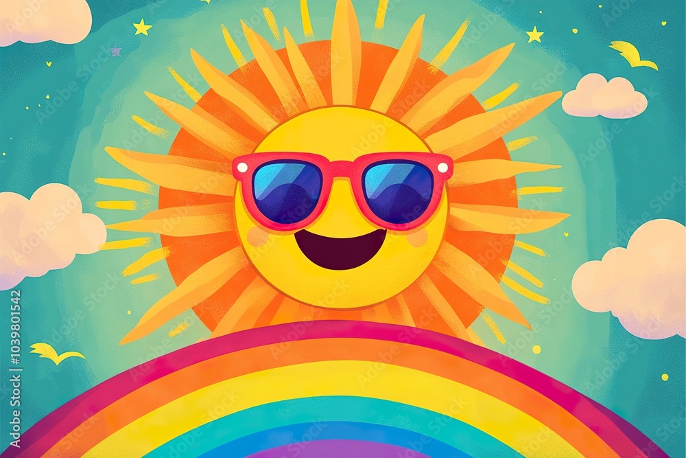 Cheerful Sun with Sunglasses Beaming Down on a Rainbow Cheerful Sun with Sunglasses Beaming Down on a Rainbow