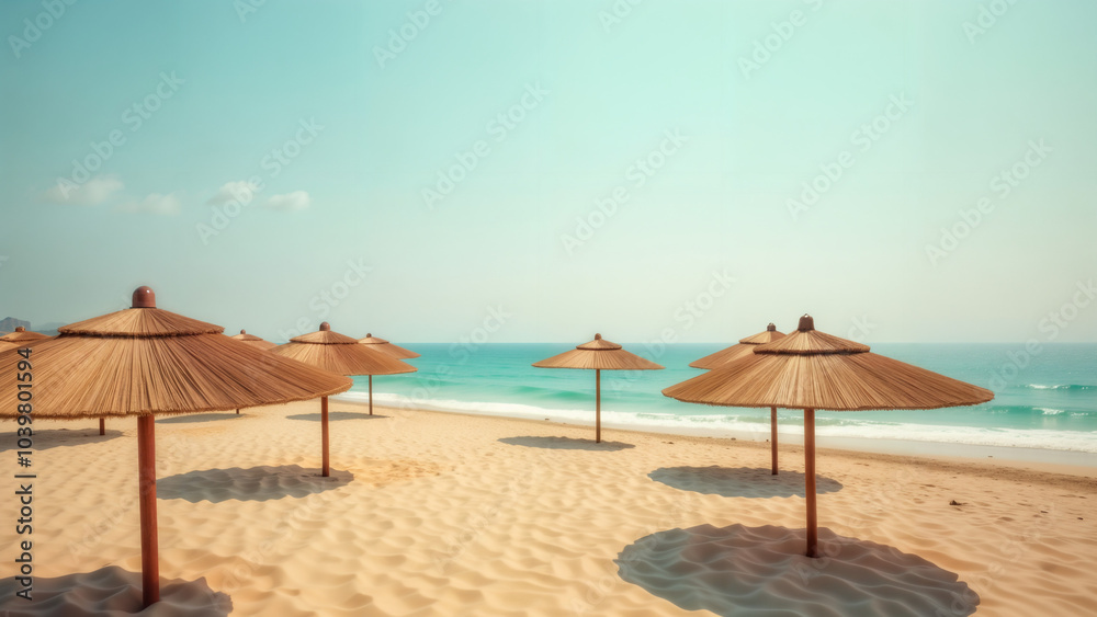 A Cluster of Brown Umbrellas Creating a Vibrant, Inviting Atmosphere on a Sunny Beach Landscape A Cluster of Brown Umbrellas Creating a Vibrant, Inviting Atmosphere on a Sunny Beach Landscape