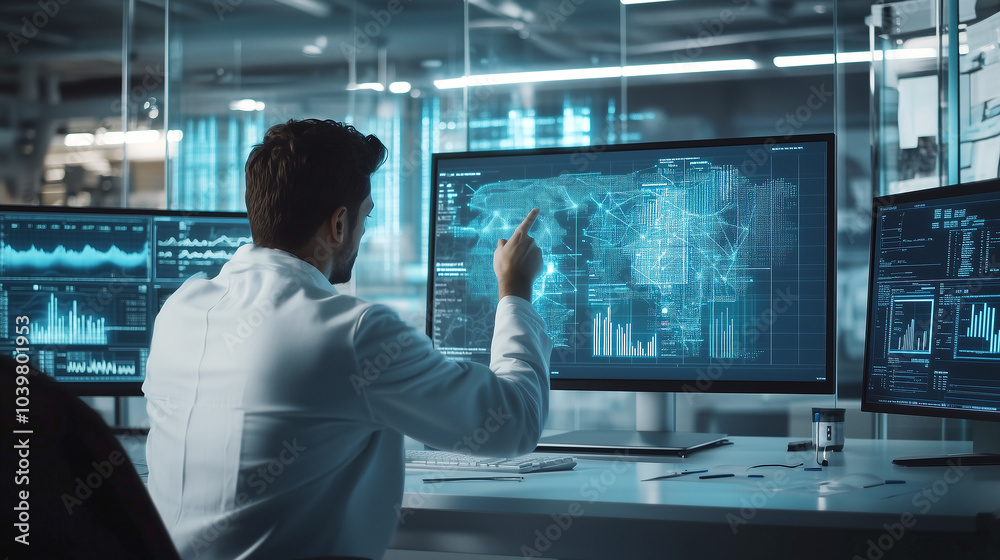 A futuristic digital interface displays a human skeleton and brain scans in a high-tech laboratory. A futuristic digital interface displays a human skeleton and brain scans in a high-tech laboratory.