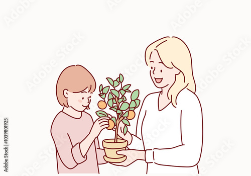 Cute child girl helping her mother to care for plants. Hand drawn style vector design illustrations.