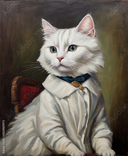 A majestic white cat dressed in a formal white shirt with a bow tie, posed elegantly against a muted background.