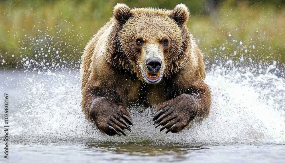 Fototapeta premium A powerful brown bear charges through water in search of fish during summer
