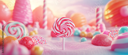 A Single Red and White Swirled Lollipop Stands Out in a Candy Land Landscape, A Single Red and White Swirled Lollipop Stands Out in a Candy La