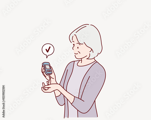 Senior woman using lancet on finger for checking blood sugar level by Glucose meter, Healthcare and Medical, diabetes, glycemia concept. Hand drawn style vector design illustrations.