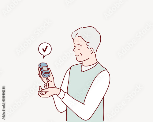 elderly man using lancet on finger for checking blood sugar level by Glucose meter, Healthcare and Medical, diabetes, glycemia concept. Hand drawn style vector design illustrations.