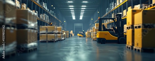 A spacious warehouse interior with stacked boxes, forklifts, and organized shelving for efficient storage and distribution.