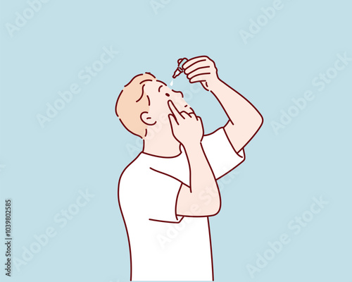 Young man applying eye lubricant to treat dry eye or allergy. Hand drawn style vector design illustrations.