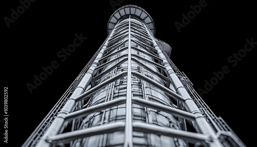A striking upward view of a modern tower featuring intricate metalwork against a dark background, showcasing abstract architectural design. photo