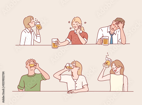 People are having a beer. Drunk People Characters with beer. Hand drawn style vector design illustrations.